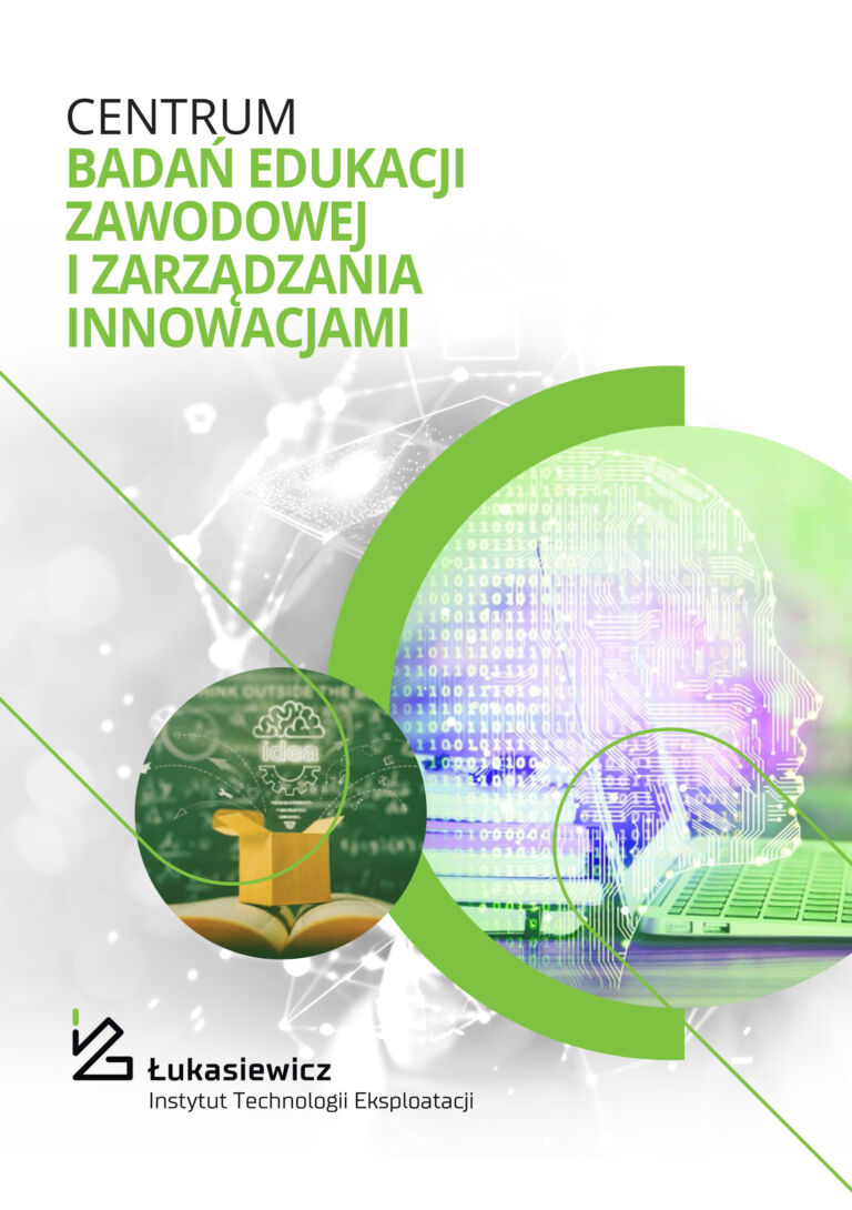 Centrum Badań Edukacji Zawodowej i Zarządzania Innowacjami Łukasiewicz–ITEE; głowa z motywem cyfrowym i książka z ikoną idei.